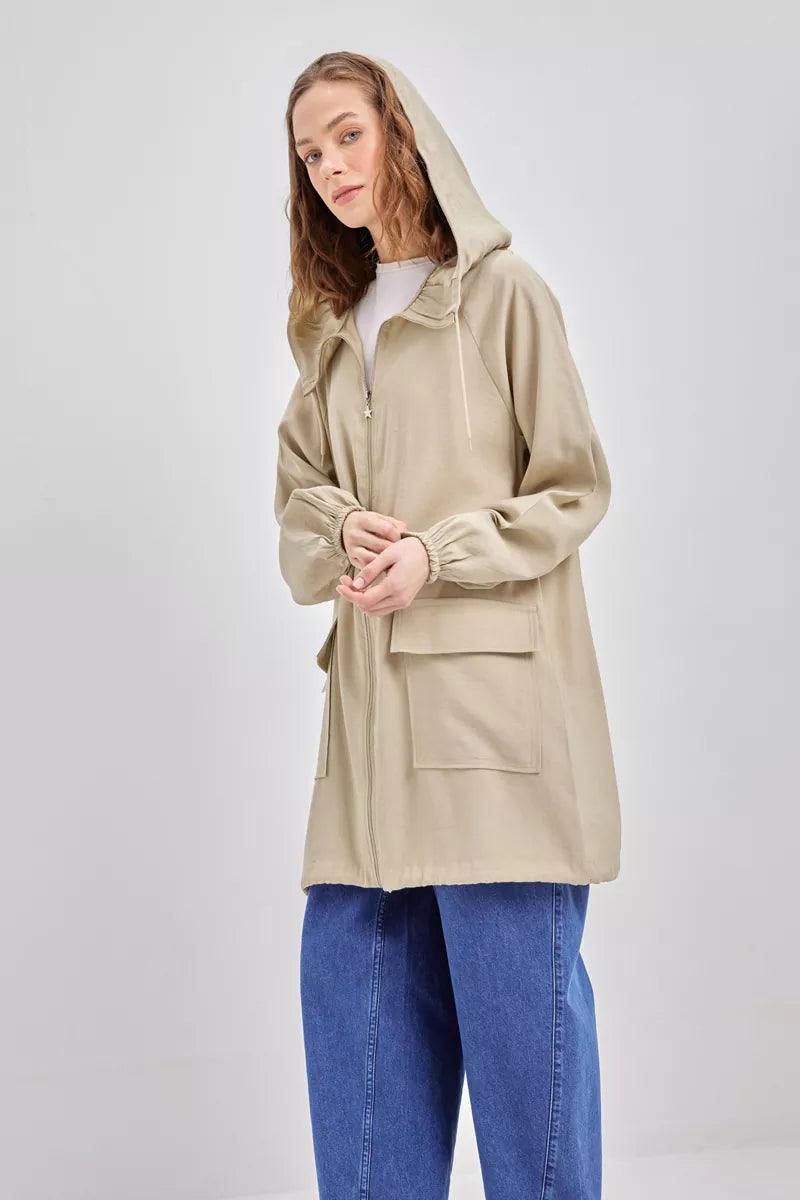 Hooded Zip Outerwear - Daphne - modestanbul