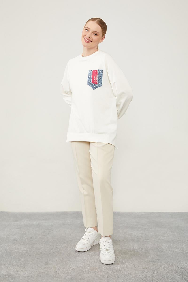 Stoned Jean Pocket Detailed Sweatshirt - Ecru-Fuchsia