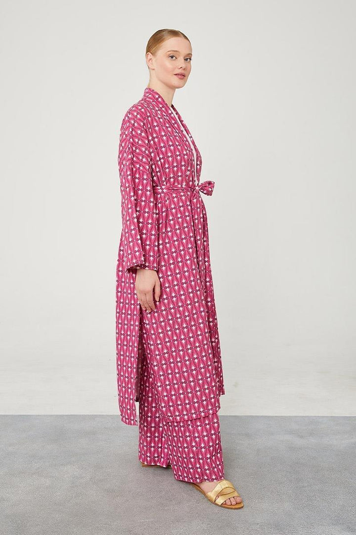 Linen Zara Patterned Kimono Set - Fucsia - modestanbul