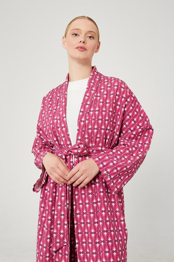 Linen Zara Patterned Kimono Set - Fucsia - modestanbul