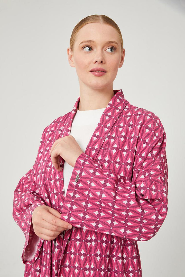 Linen Zara Patterned Kimono Set - Fucsia - modestanbul