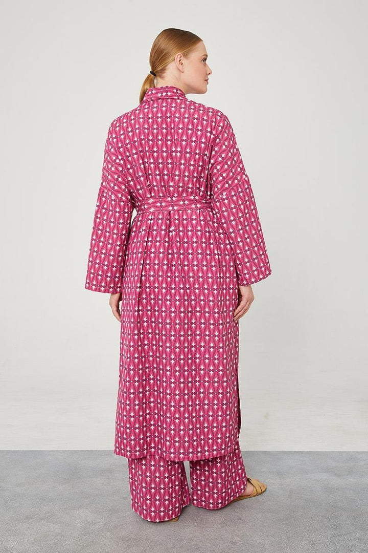 Linen Zara Patterned Kimono Set - Fucsia - modestanbul