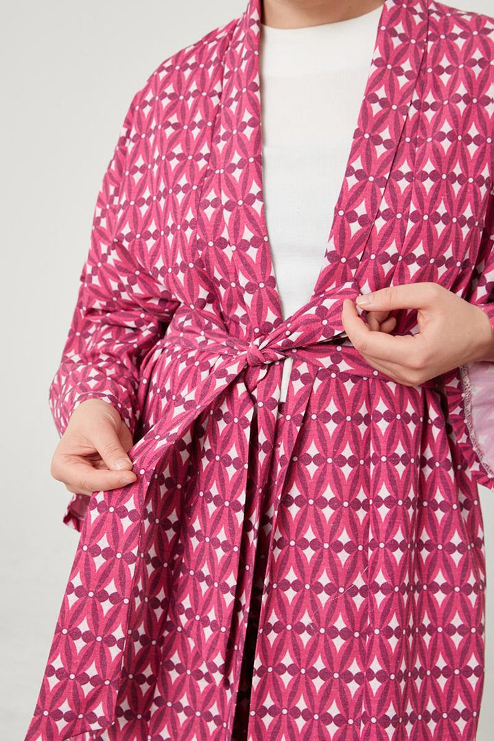 Linen Zara Patterned Kimono Set - Fucsia - modestanbul