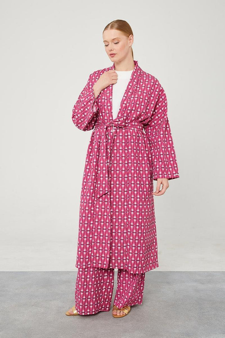 Linen Zara Patterned Kimono Set - Fucsia - modestanbul