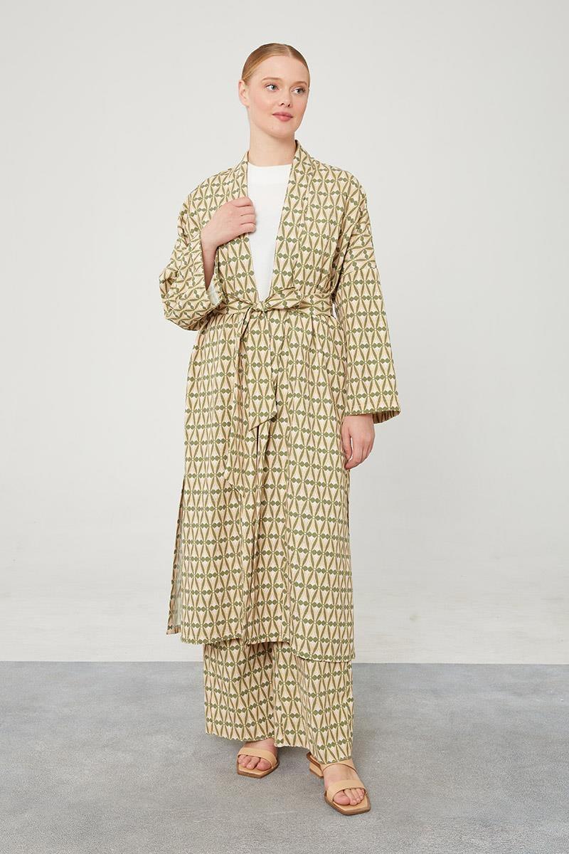 Linen Zara Patterned Kimono Set - Khaki - modestanbul