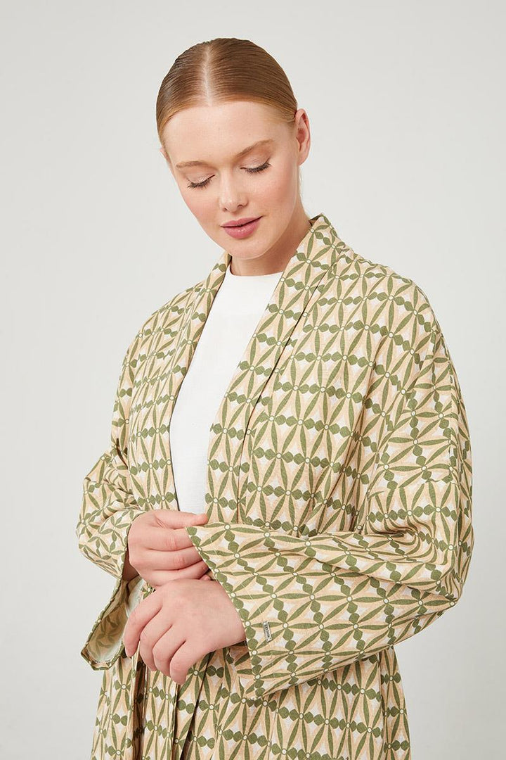 Linen Zara Patterned Kimono Set - Khaki - modestanbul