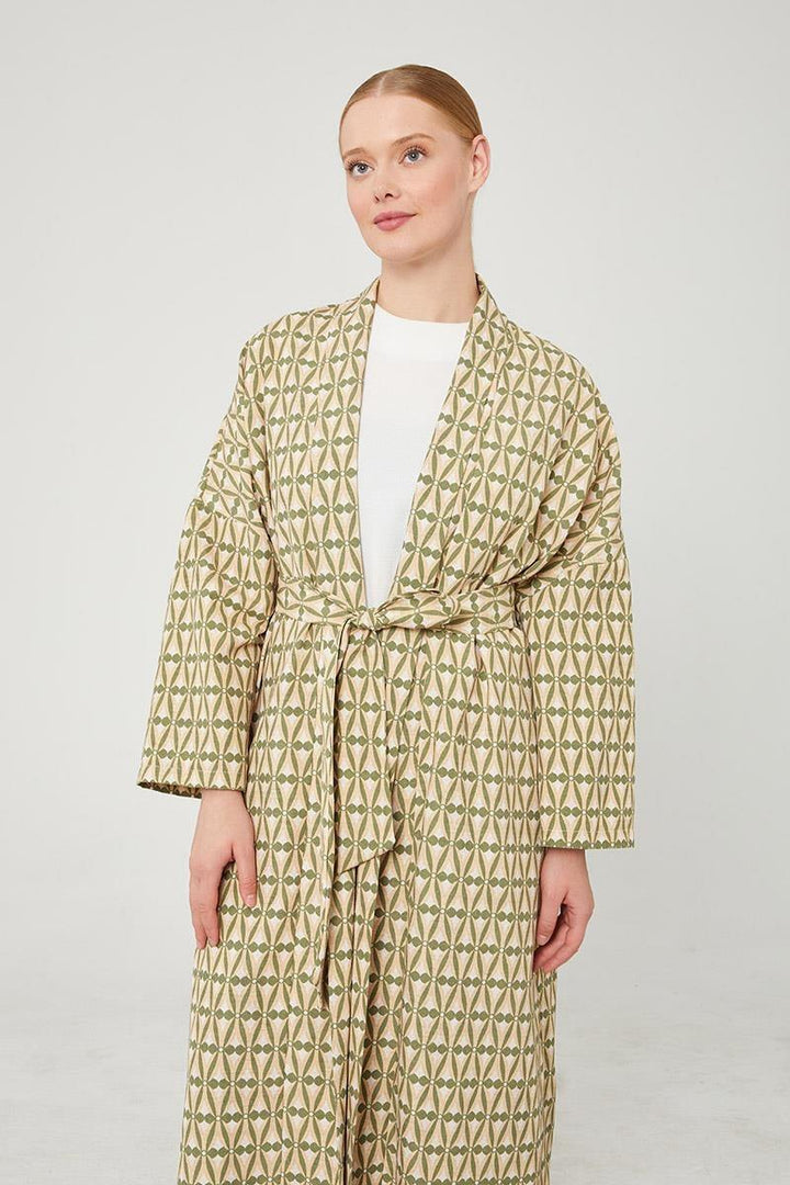 Linen Zara Patterned Kimono Set - Khaki - modestanbul