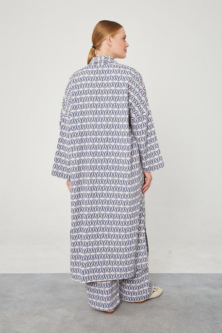 Linen Zara Patterned Kimono Set - Indigo - modestanbul