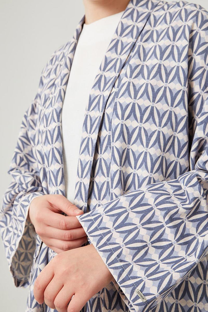 Linen Zara Patterned Kimono Set - Indigo - modestanbul