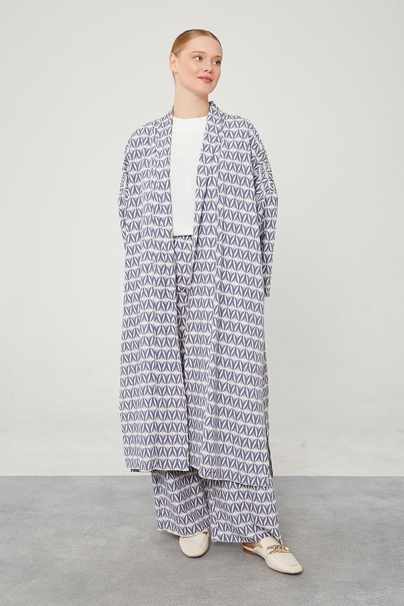 Linen Zara Patterned Kimono Set - Indigo - modestanbul