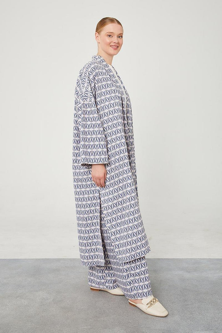 Linen Zara Patterned Kimono Set - Indigo - modestanbul