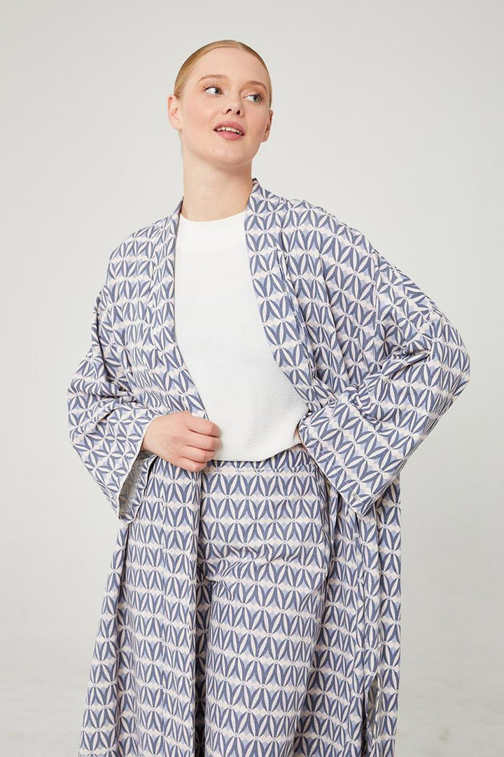 Linen Zara Patterned Kimono Set - Indigo - modestanbul