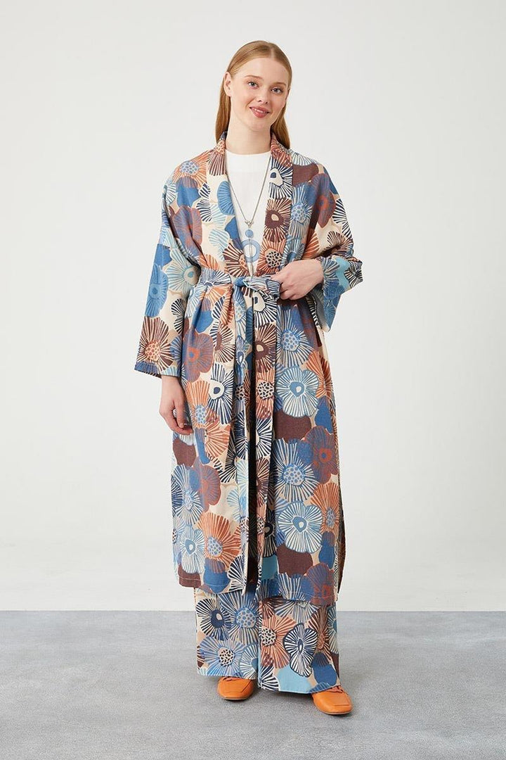 Linen Floral Kimono Set - Indigo - modestanbul