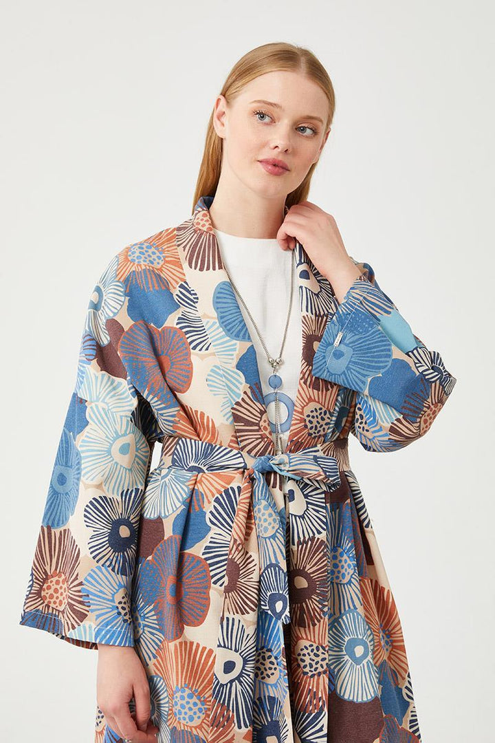 Linen Floral Kimono Set - Indigo - modestanbul