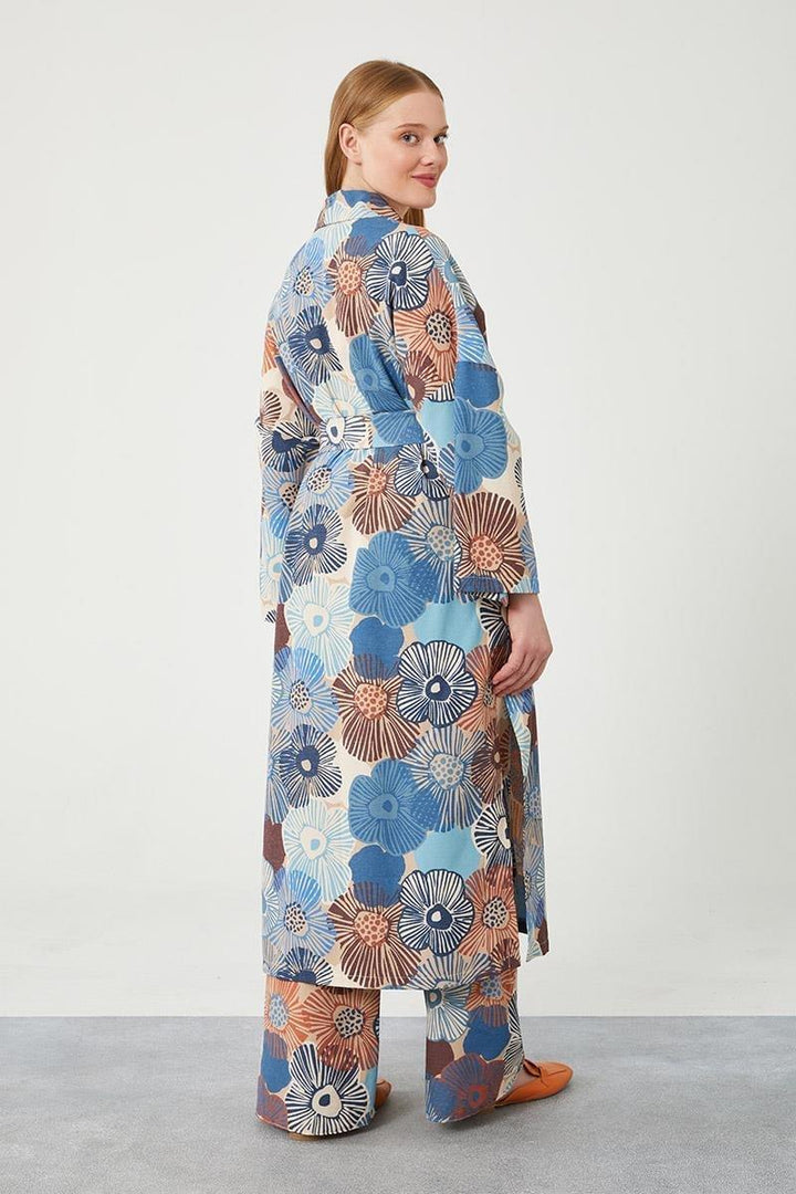 Linen Floral Kimono Set - Indigo - modestanbul