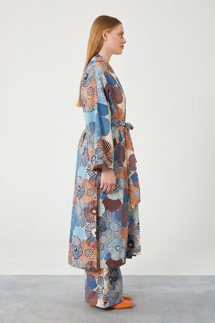 Linen Floral Kimono Set - Indigo - modestanbul