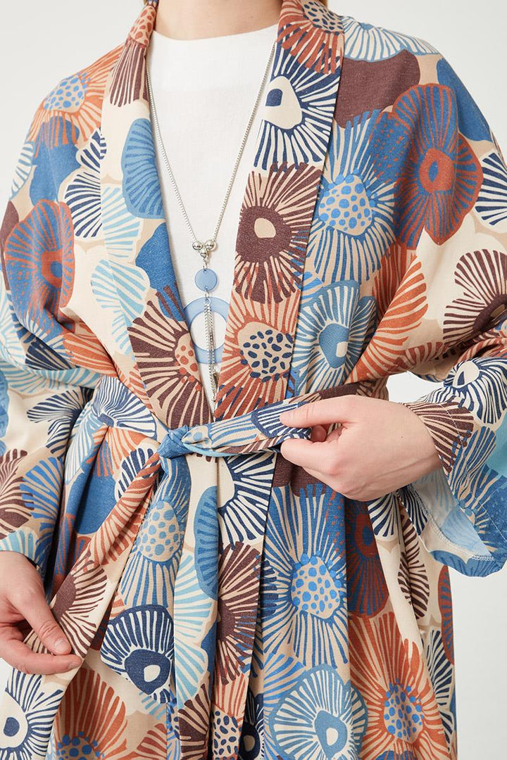 Linen Floral Kimono Set - Indigo - modestanbul