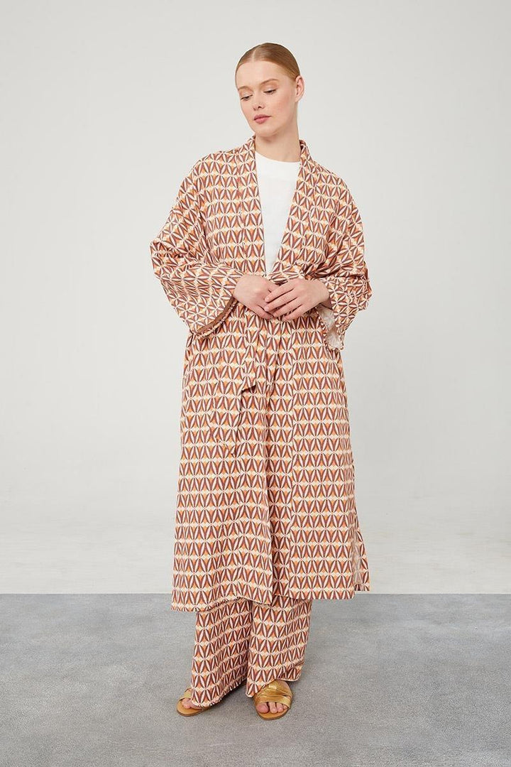 Linen Zara Patterned Kimono Set - Brick Red - modestanbul