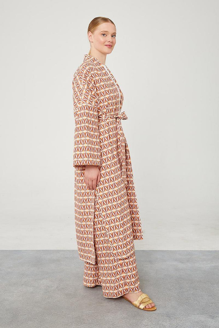 Linen Zara Patterned Kimono Set - Brick Red - modestanbul