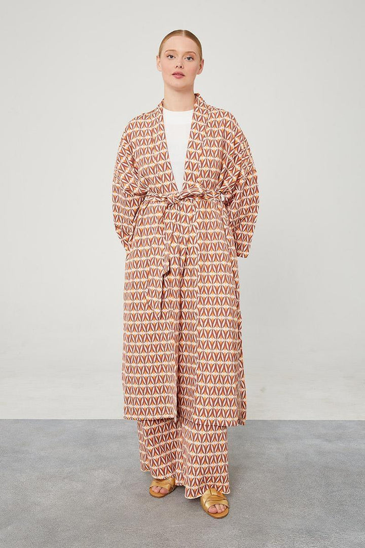 Linen Zara Patterned Kimono Set - Brick Red - modestanbul