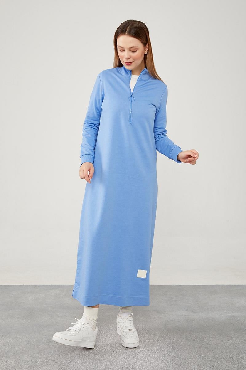 High-Neck Zippered Sports Dress - Blue