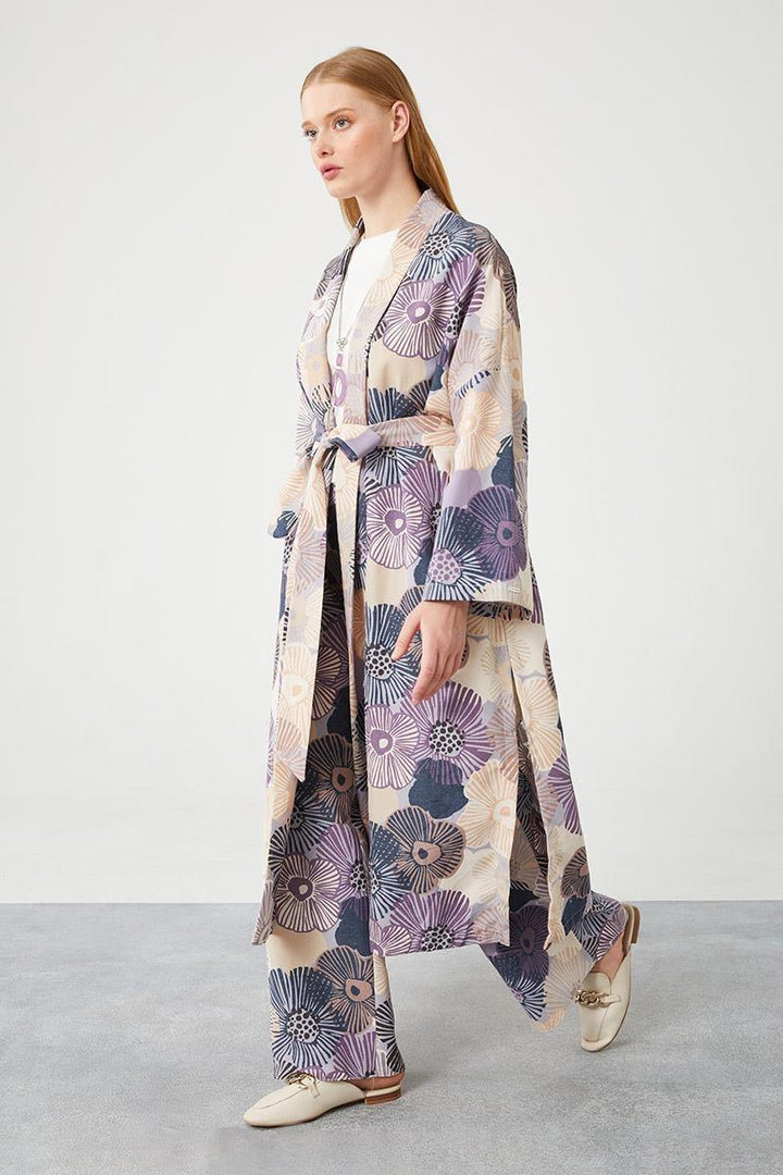 Linen Floral Kimono Set - Blue - modestanbul