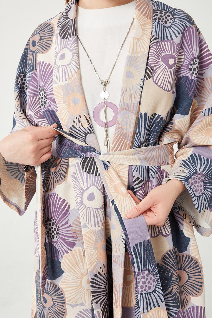 Linen Floral Kimono Set - Blue - modestanbul