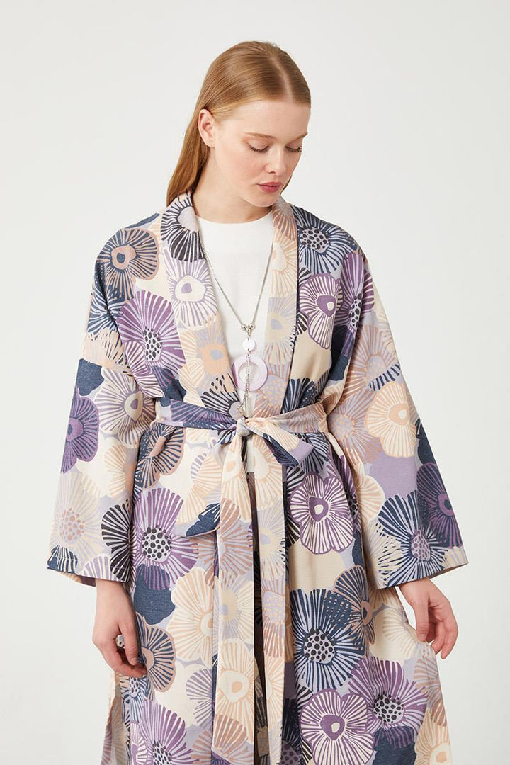 Linen Floral Kimono Set - Blue - modestanbul