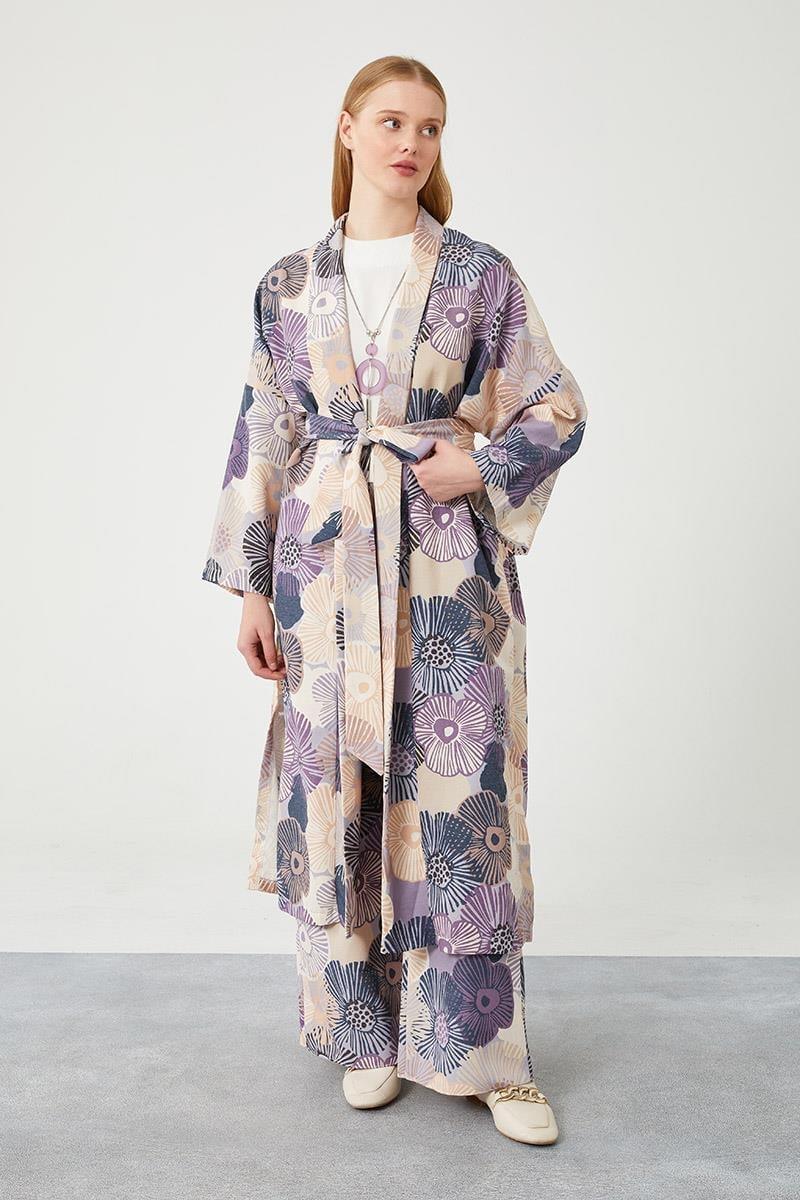 Linen Floral Kimono Set - Blue - modestanbul