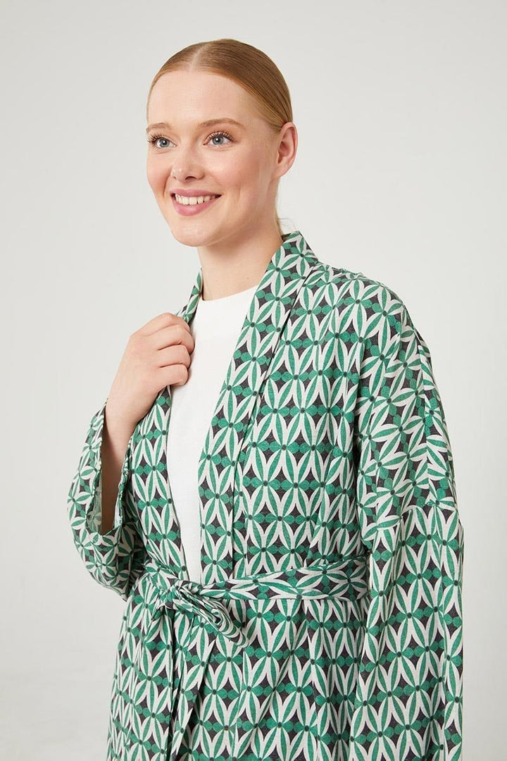 Linen Zara Patterned Kimono Set - Green - modestanbul