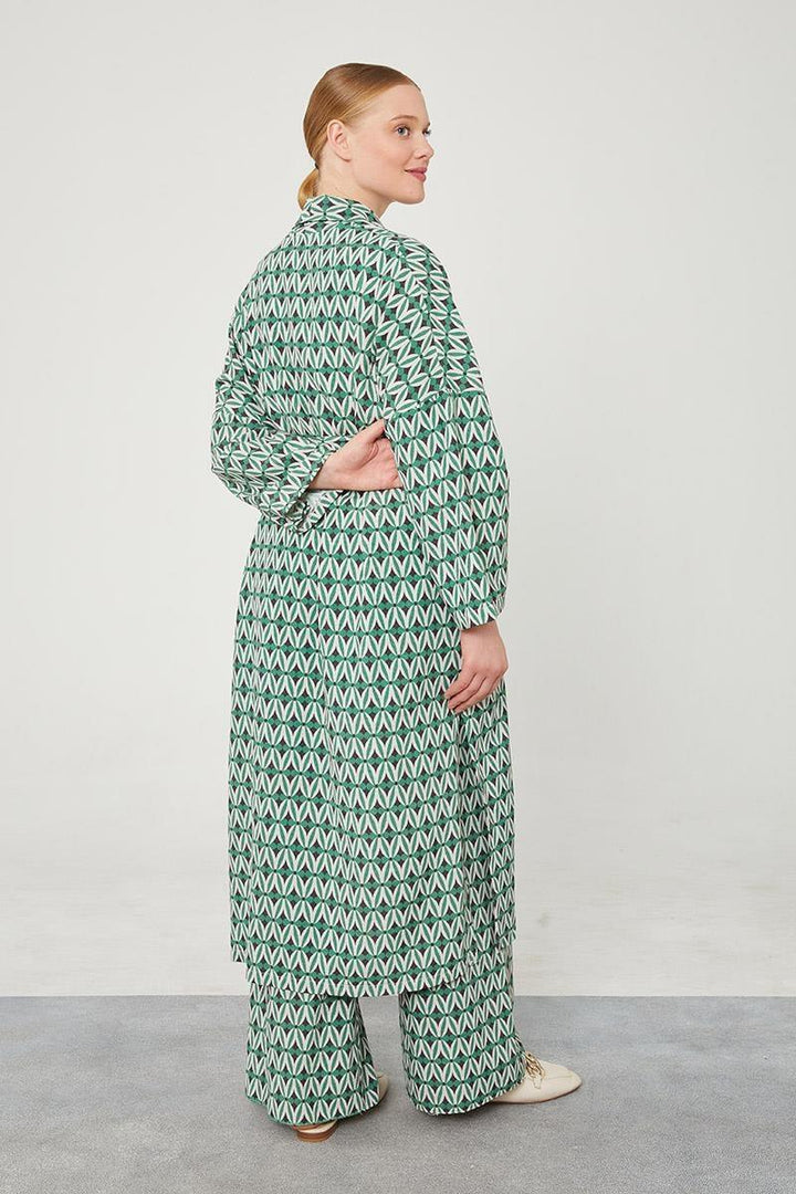 Linen Zara Patterned Kimono Set - Green - modestanbul