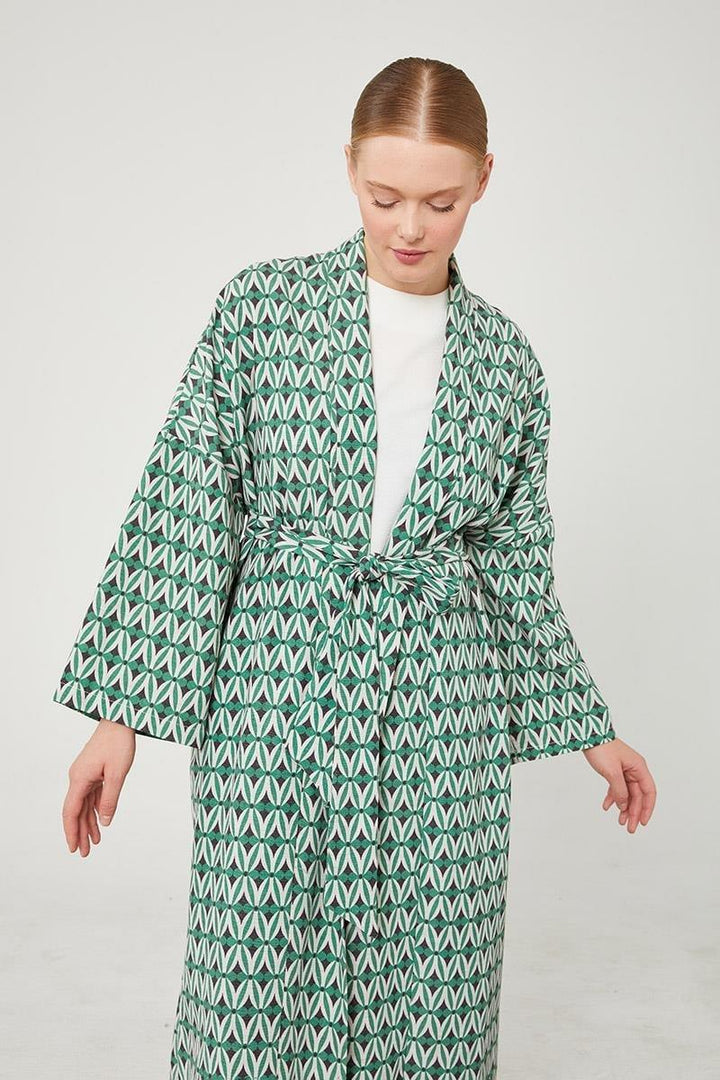 Linen Zara Patterned Kimono Set - Green - modestanbul