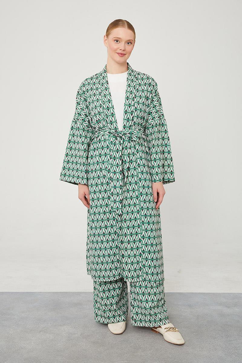 Linen Zara Patterned Kimono Set - Green - modestanbul