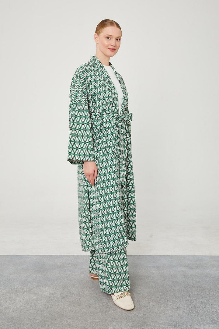 Linen Zara Patterned Kimono Set - Green - modestanbul