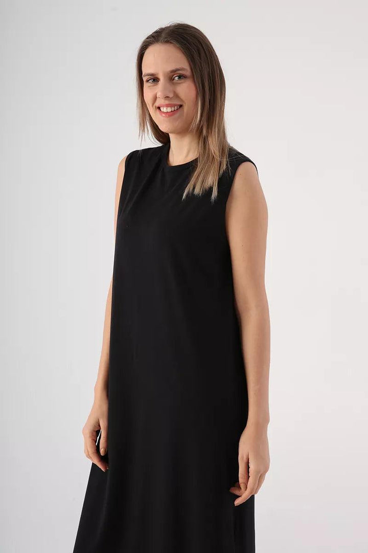 Cotton Crew Neck Sleeveless Underwear Dress - Black - modestanbul