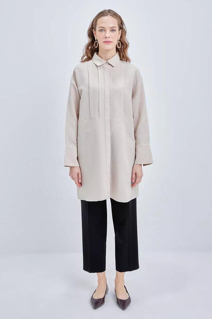 Pleated Metal Button Linen Shirt Tunic - Beige - modestanbul