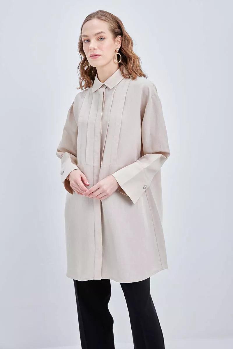 Pleated Metal Button Linen Shirt Tunic - Beige - modestanbul