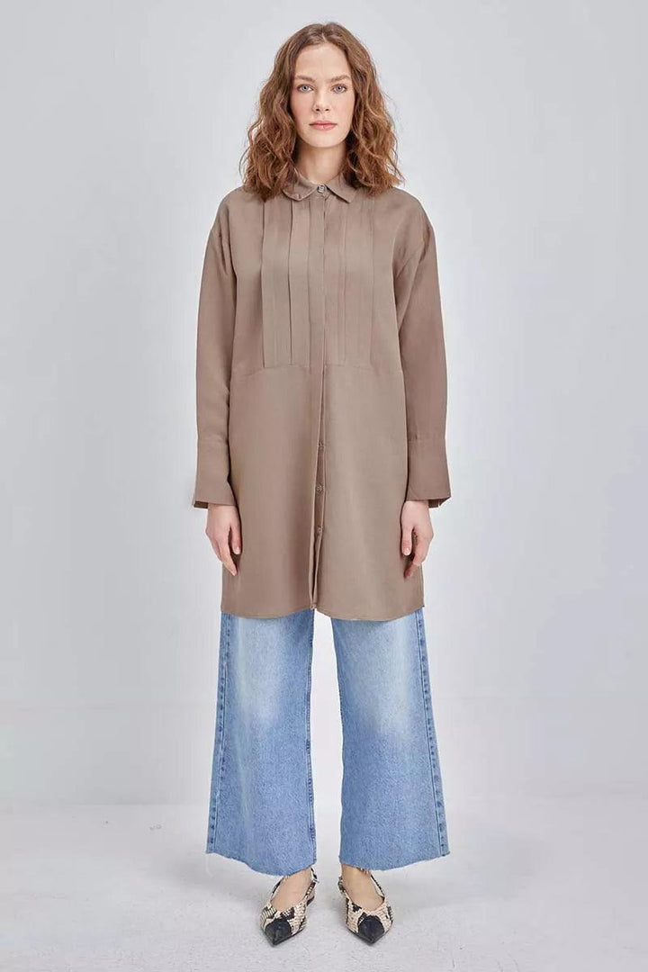 Pleated Metal Button Linen Shirt Tunic - Mink - modestanbul