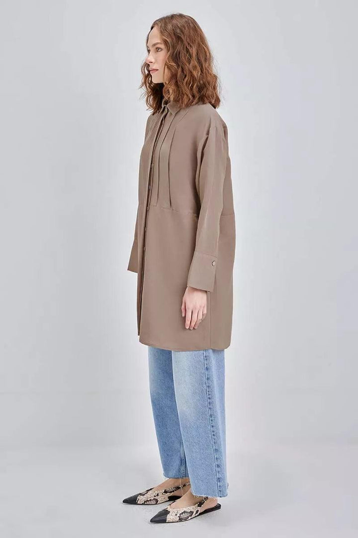 Pleated Metal Button Linen Shirt Tunic - Mink - modestanbul