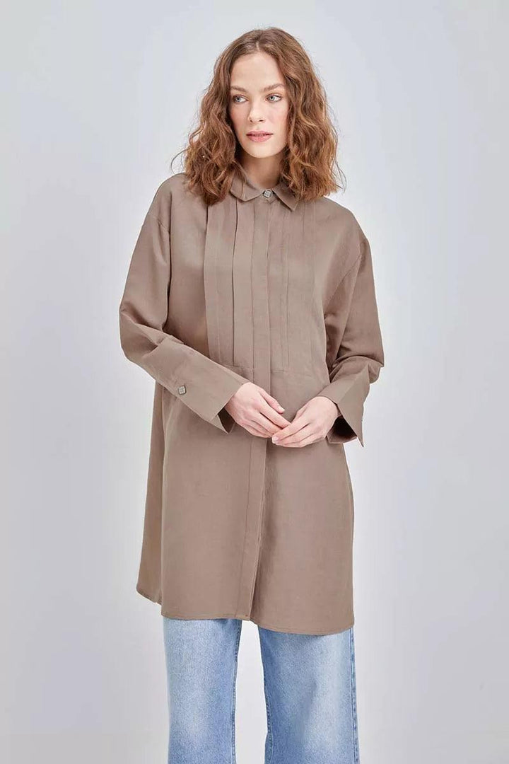 Pleated Metal Button Linen Shirt Tunic - Mink - modestanbul