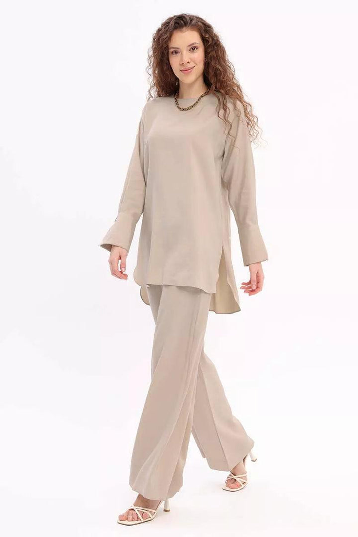 Casual Trouser Set - Ecru - modestanbul