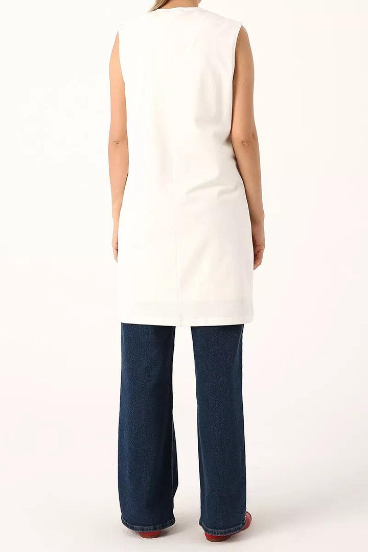 Crew Neck Sleeveless Long T-shirt - White - modestanbul