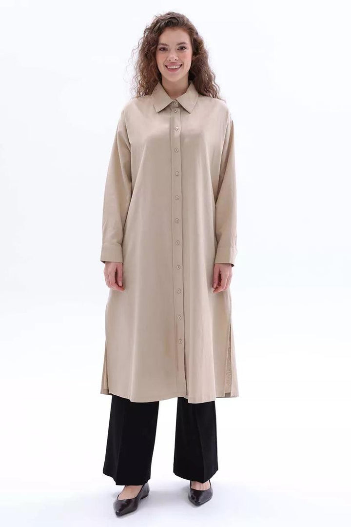 Linen Shirt Tunic - Beige - modestanbul