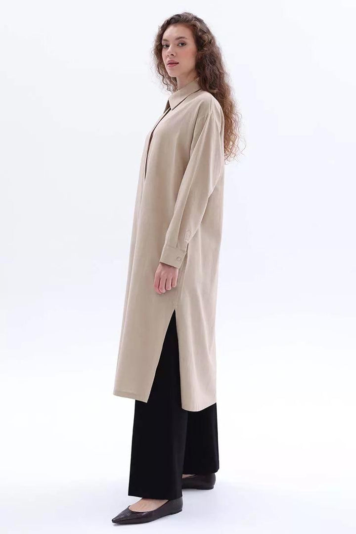 Linen Shirt Tunic - Beige - modestanbul