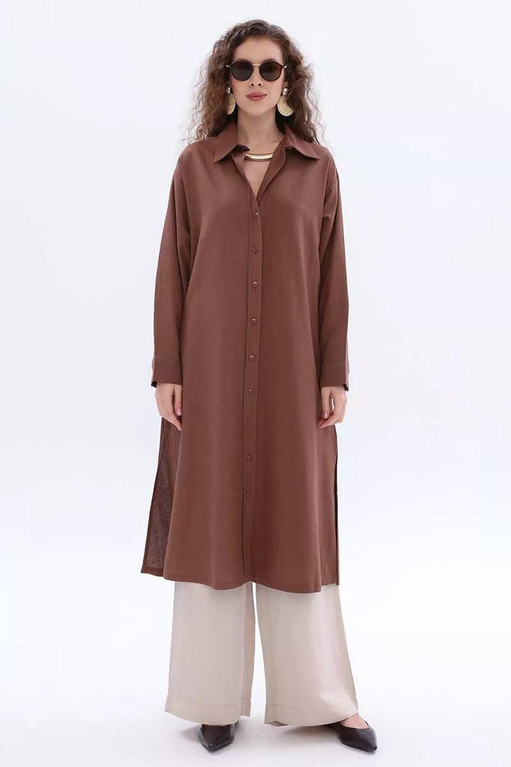 Linen Shirt Tunic - Brown - modestanbul