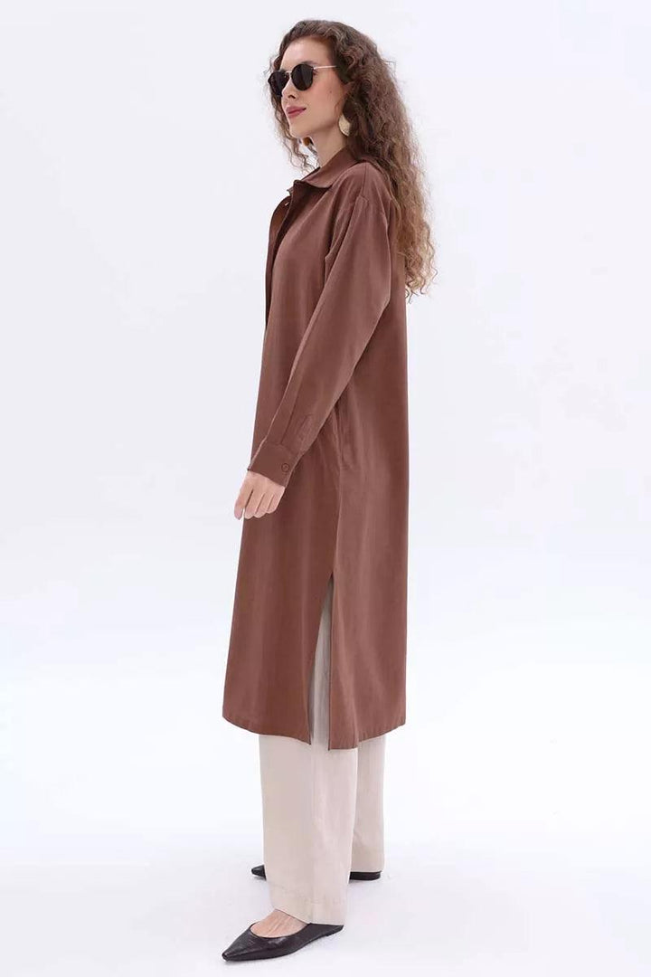 Linen Shirt Tunic - Brown - modestanbul