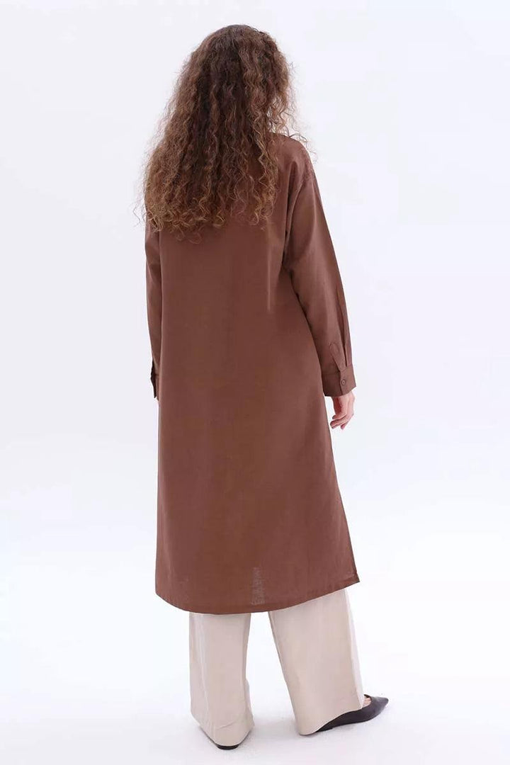 Linen Shirt Tunic - Brown - modestanbul