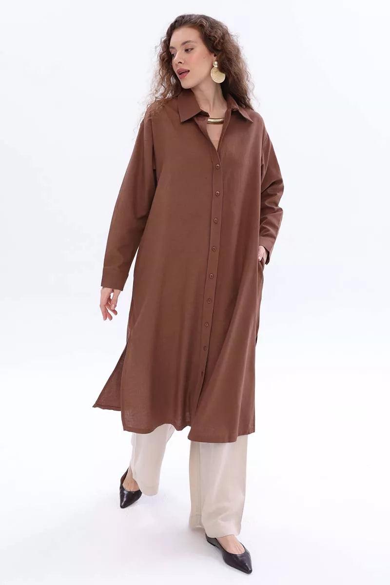 Linen Shirt Tunic - Brown - modestanbul