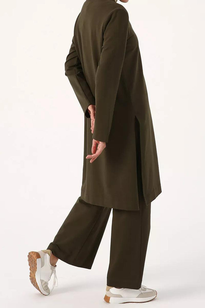 Slit Side Blouse and Pants Outfit Set - Khaki - modestanbul