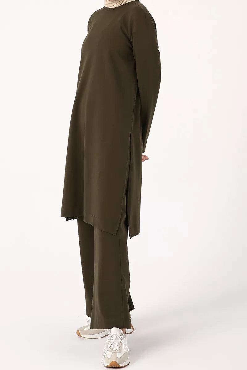 Slit Side Blouse and Pants Outfit Set - Khaki - modestanbul